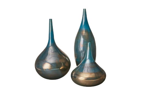 Set of three thin-necked opaque glass vases in teal and gold
