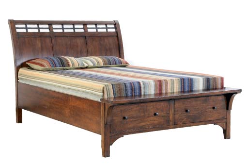 Queen size brown wood bed with storage in footboard