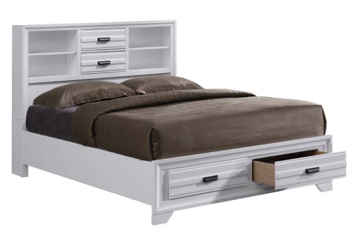 White bed with underbed storage drawers and bookcase headboard with 2 additional drawers in the center