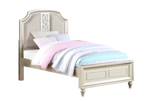 Twin size champagne colored bed with upholstered headboard and mirror details