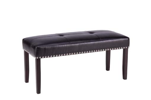 Black leather tufted upholstered dining bench with nailhead trim