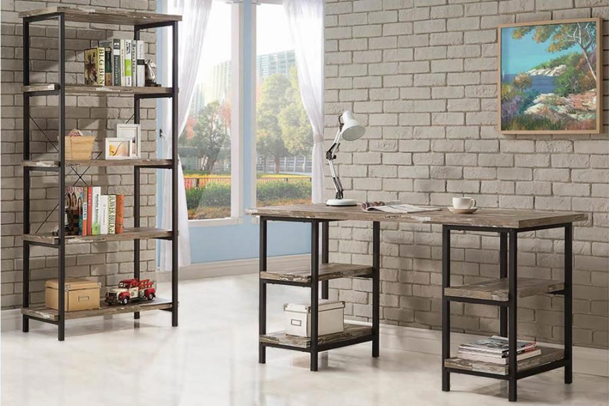 A desk and a matching bookshelf made from metal and wood from Coaster Furniture.
