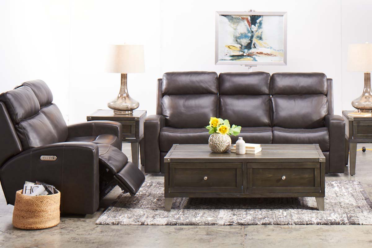 A brown leather living room set with a coffee table from Flexsteel